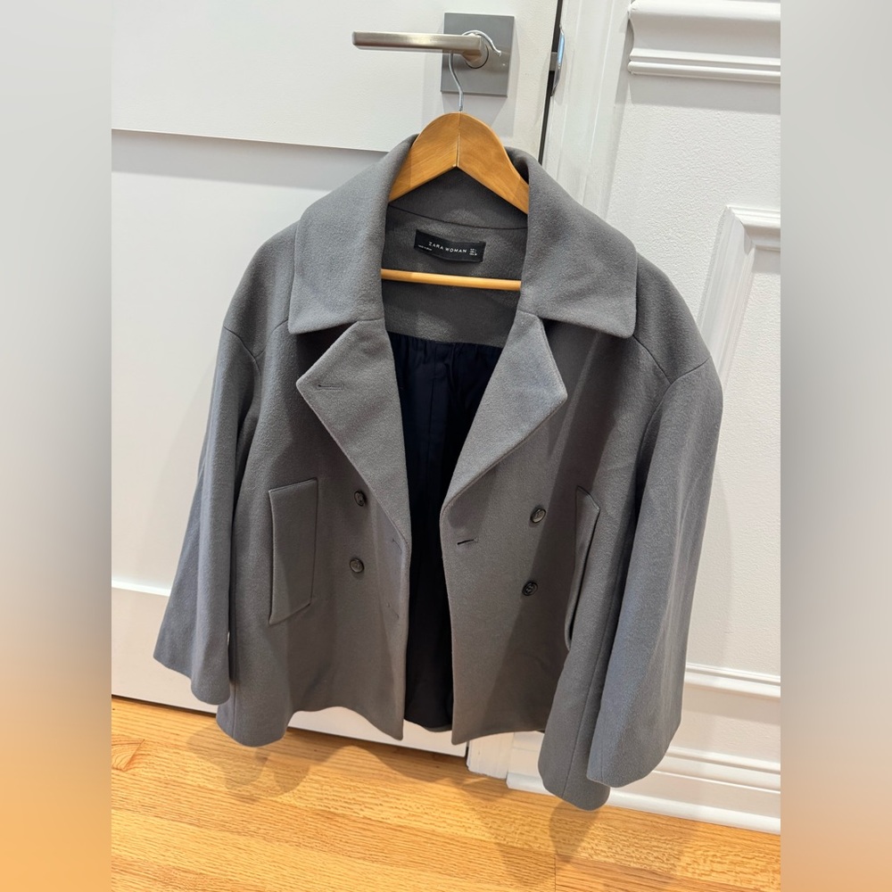 ZARA Wool Blend Pea Coat Jacket Cropped Double Breasted size L Dark Gray